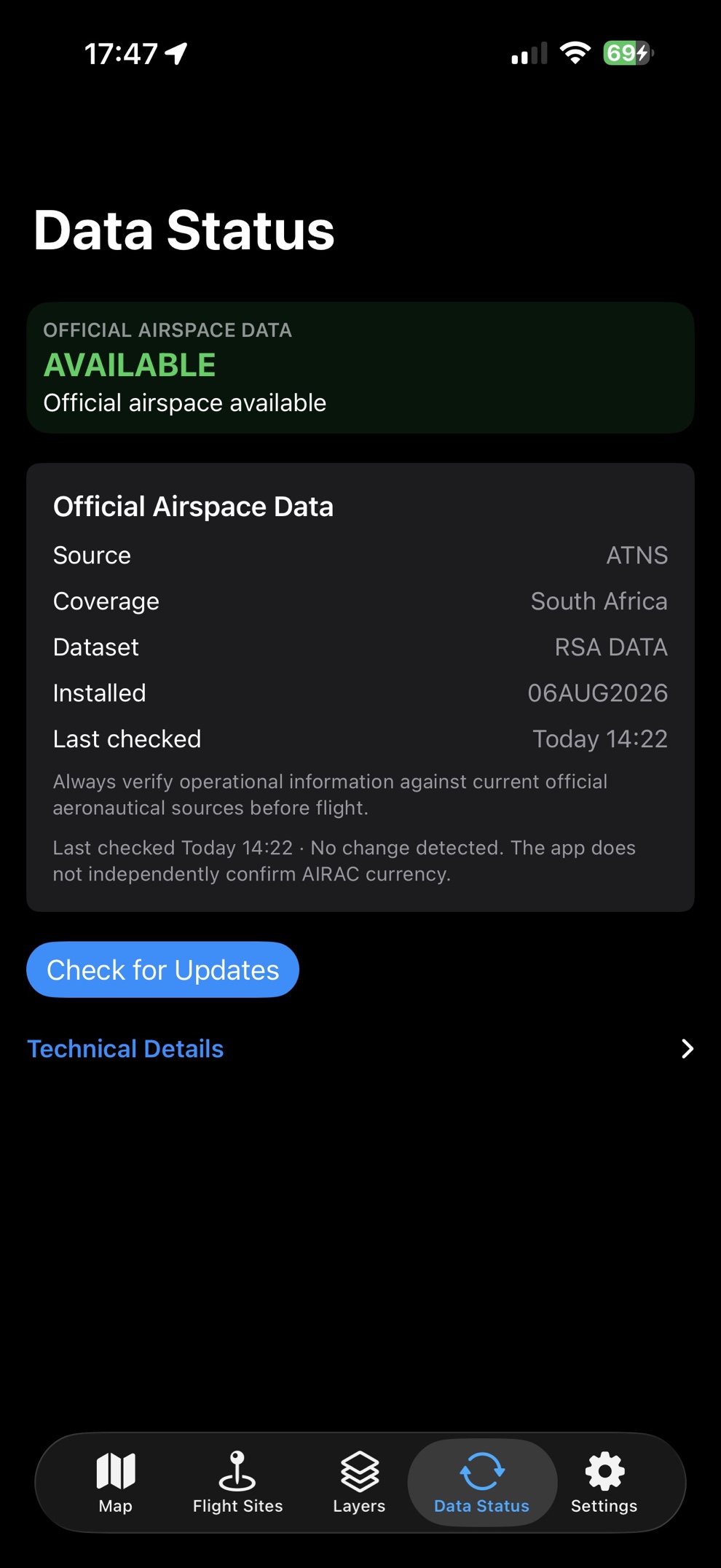 DroneAirspace data status showing official ATNS RSA DATA for South Africa as available