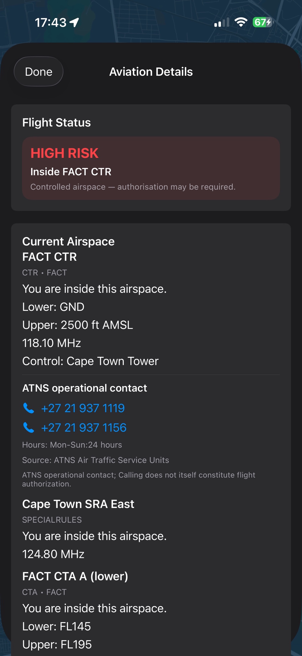 DroneAirspace aviation details showing FACT CTR, Cape Town Tower frequency and ATNS operational contact