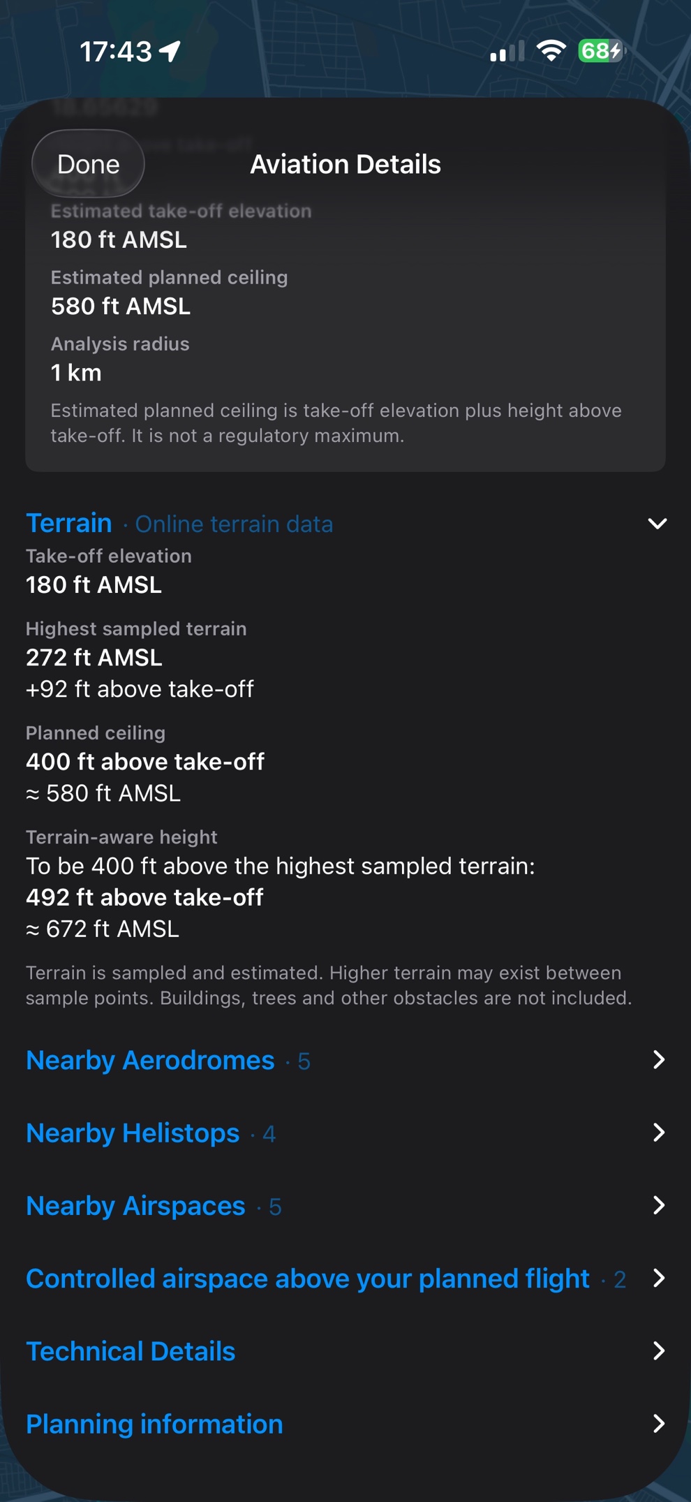 DroneAirspace aviation details showing take-off elevation, sampled terrain and nearby aerodromes