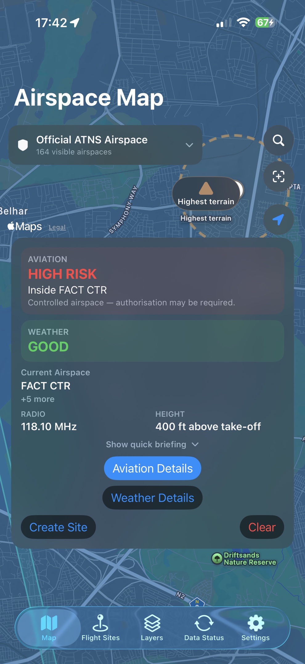 DroneAirspace map showing high aviation risk inside FACT CTR with good weather in Cape Town