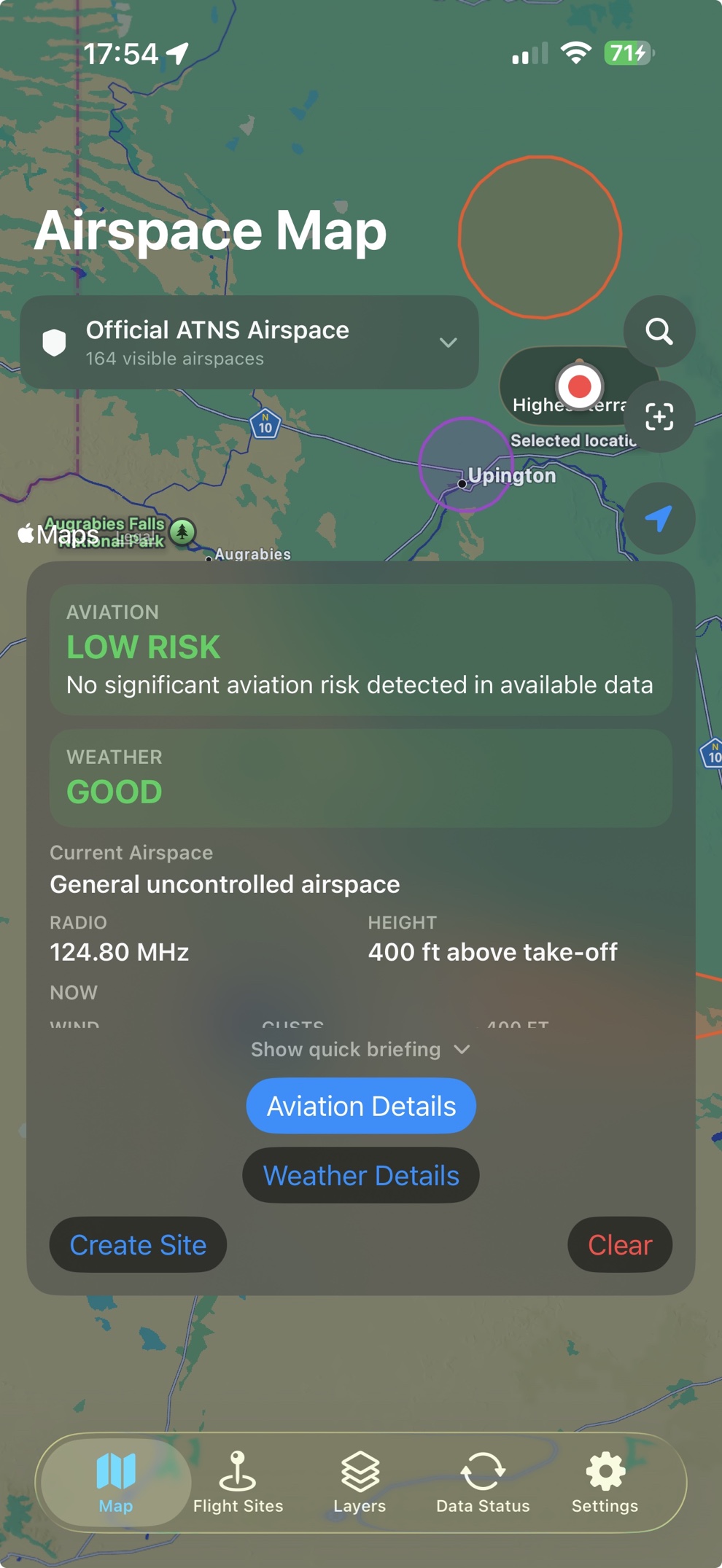 DroneAirspace map showing low aviation risk and good weather near Upington