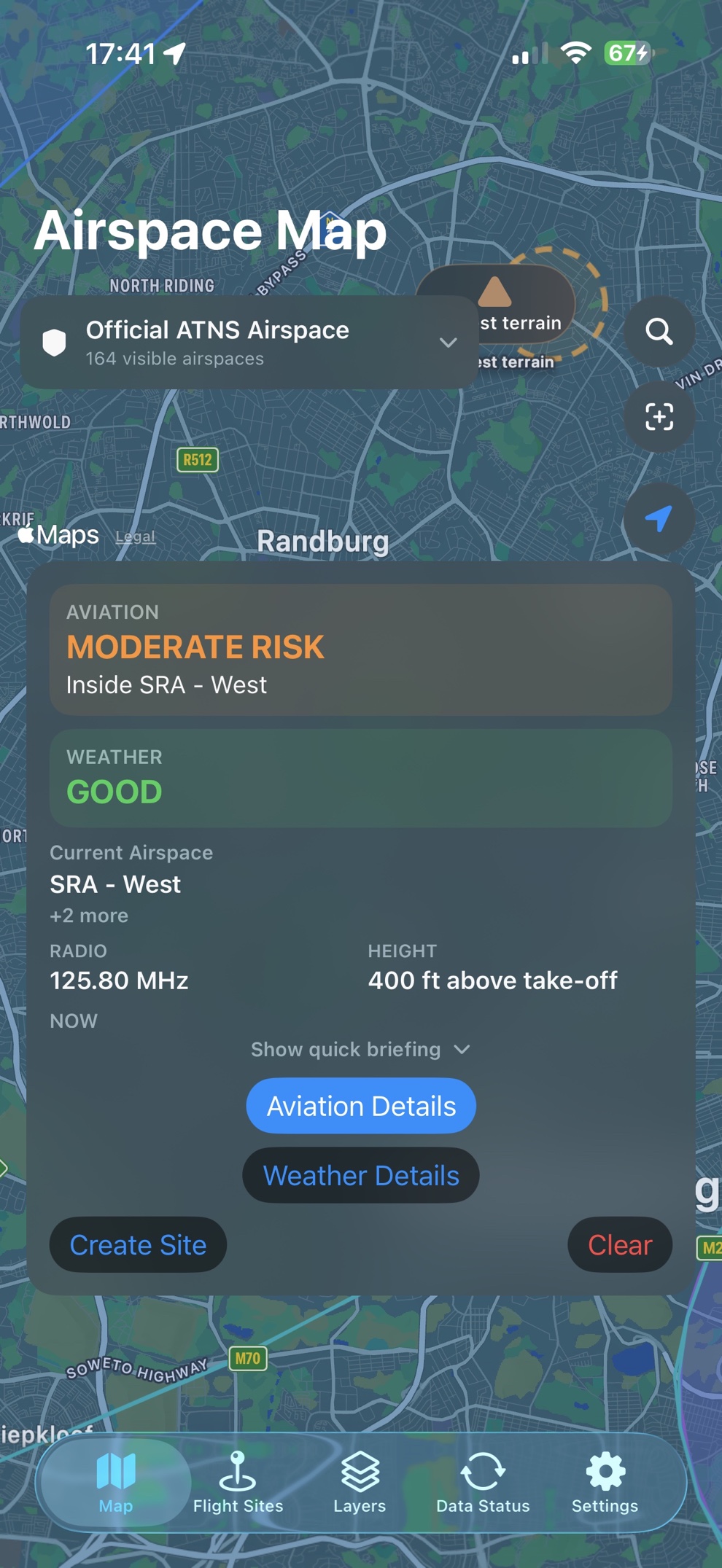 DroneAirspace map showing moderate aviation risk and good weather near Johannesburg.