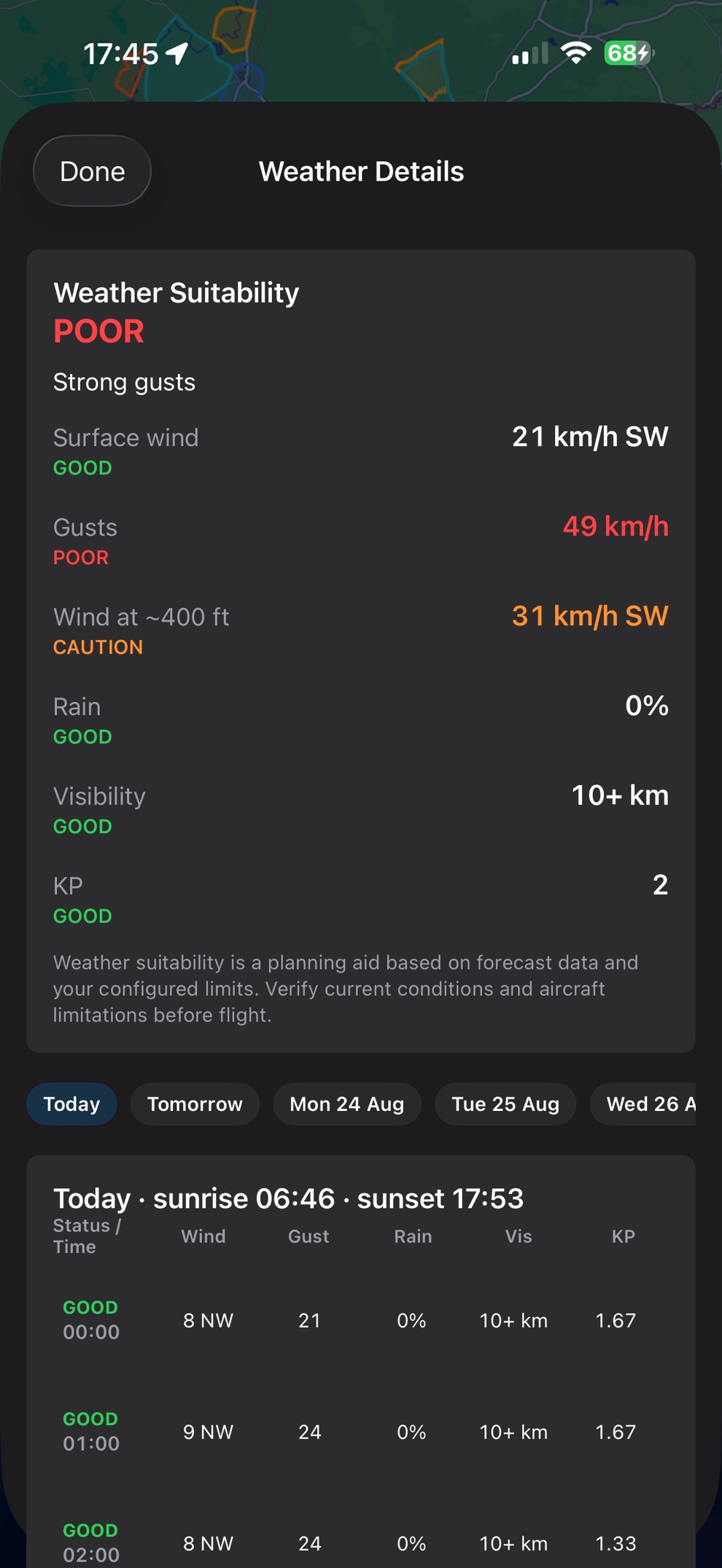 DroneAirspace weather planning screen showing wind, gusts, visibility and hourly forecast