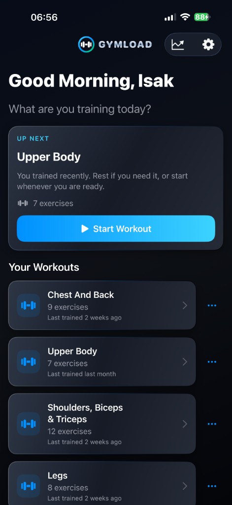 GymLoad home screen with an Up Next workout and a Start Workout button.