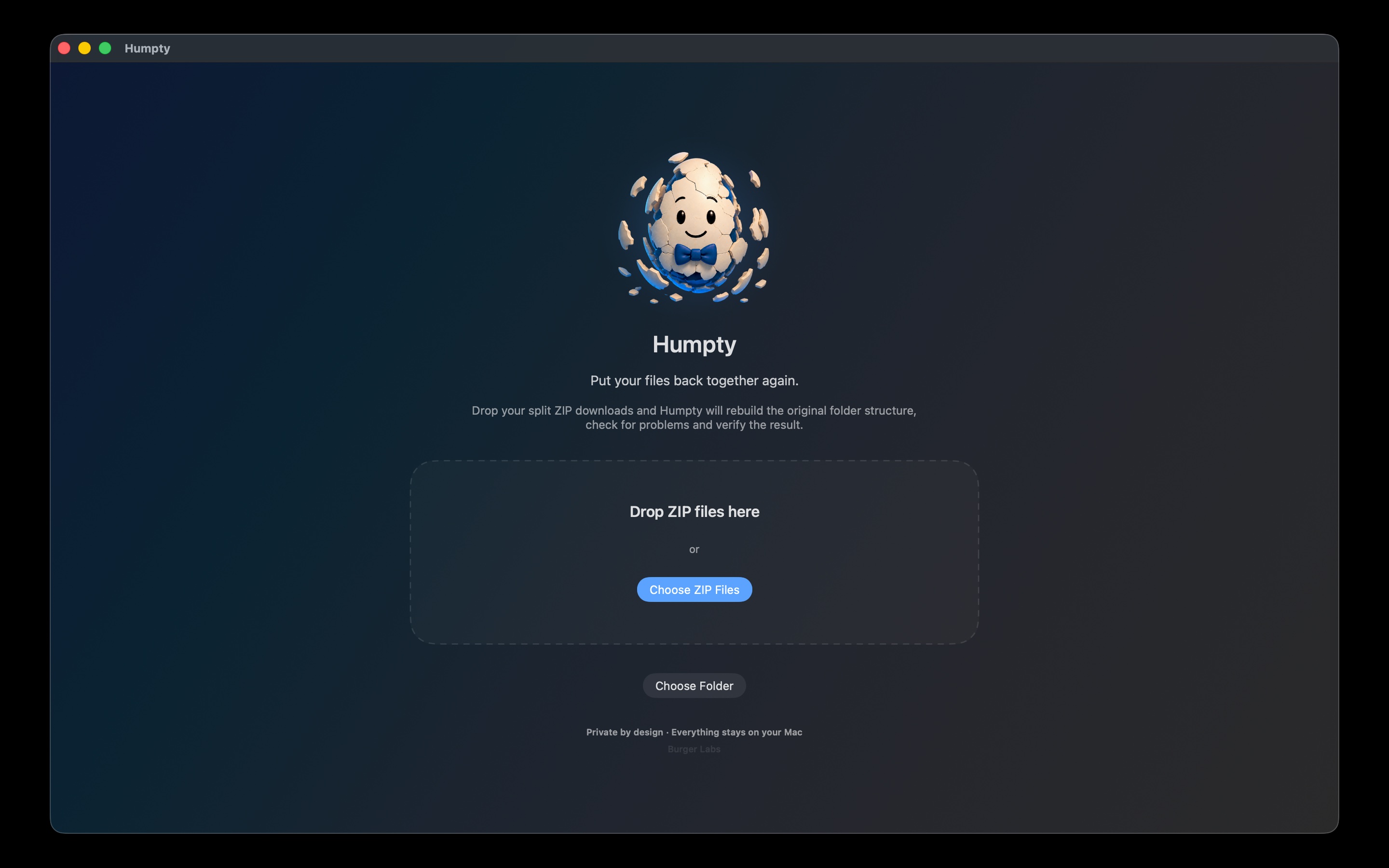 Humpty welcome screen for adding split ZIP downloads