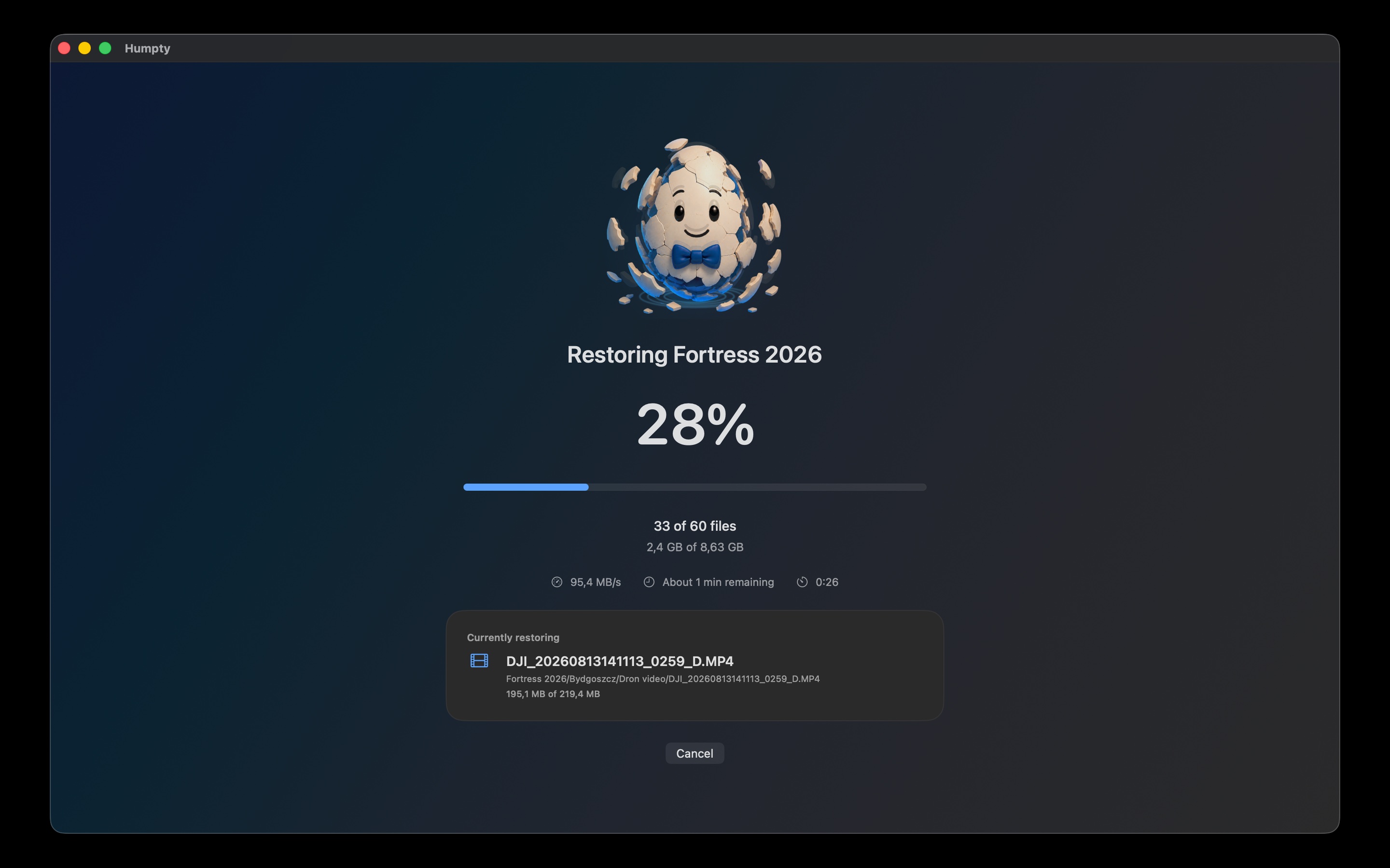 Humpty restoring files with live progress, speed and remaining time