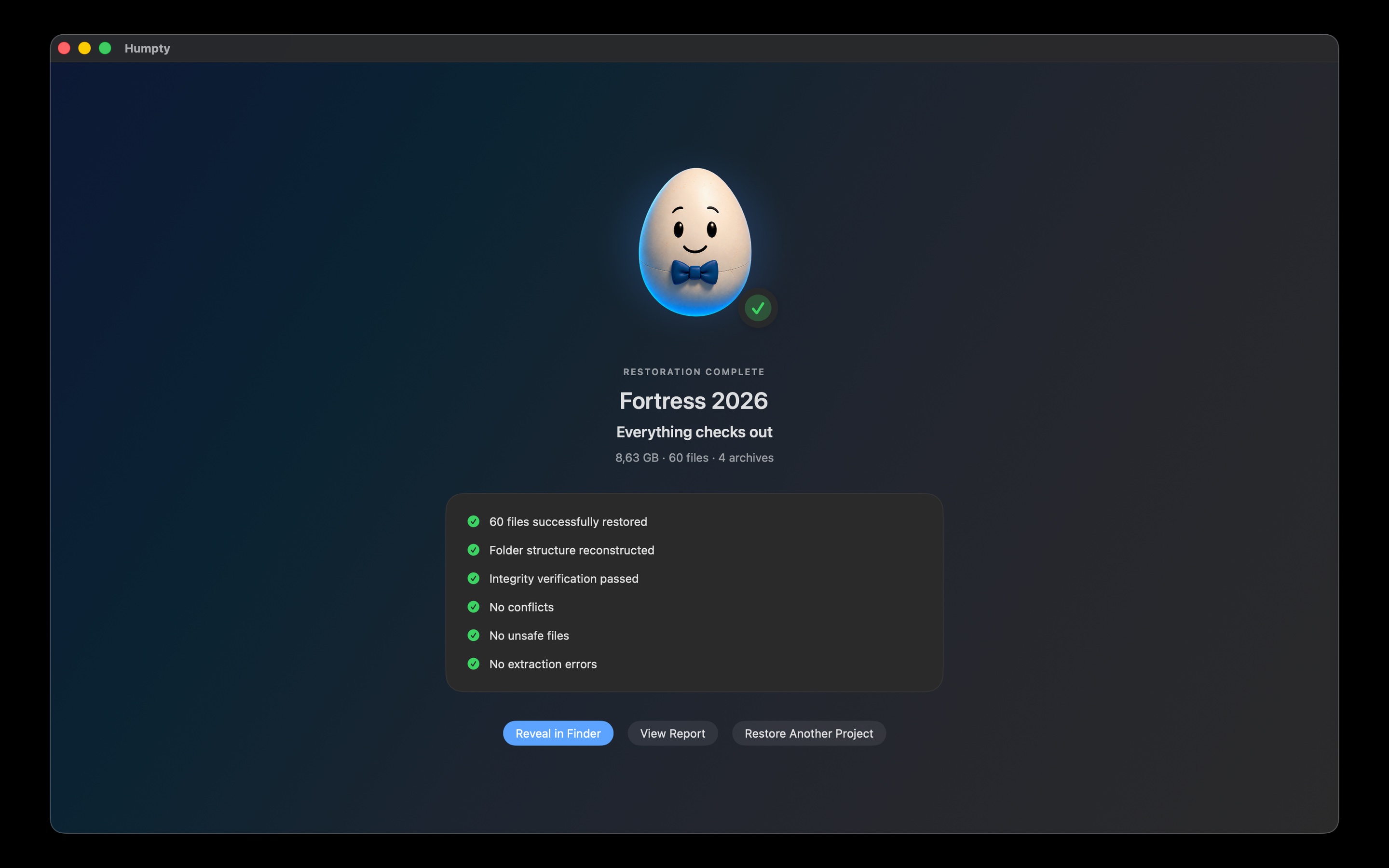 Humpty restoration complete screen with verification checks passed
