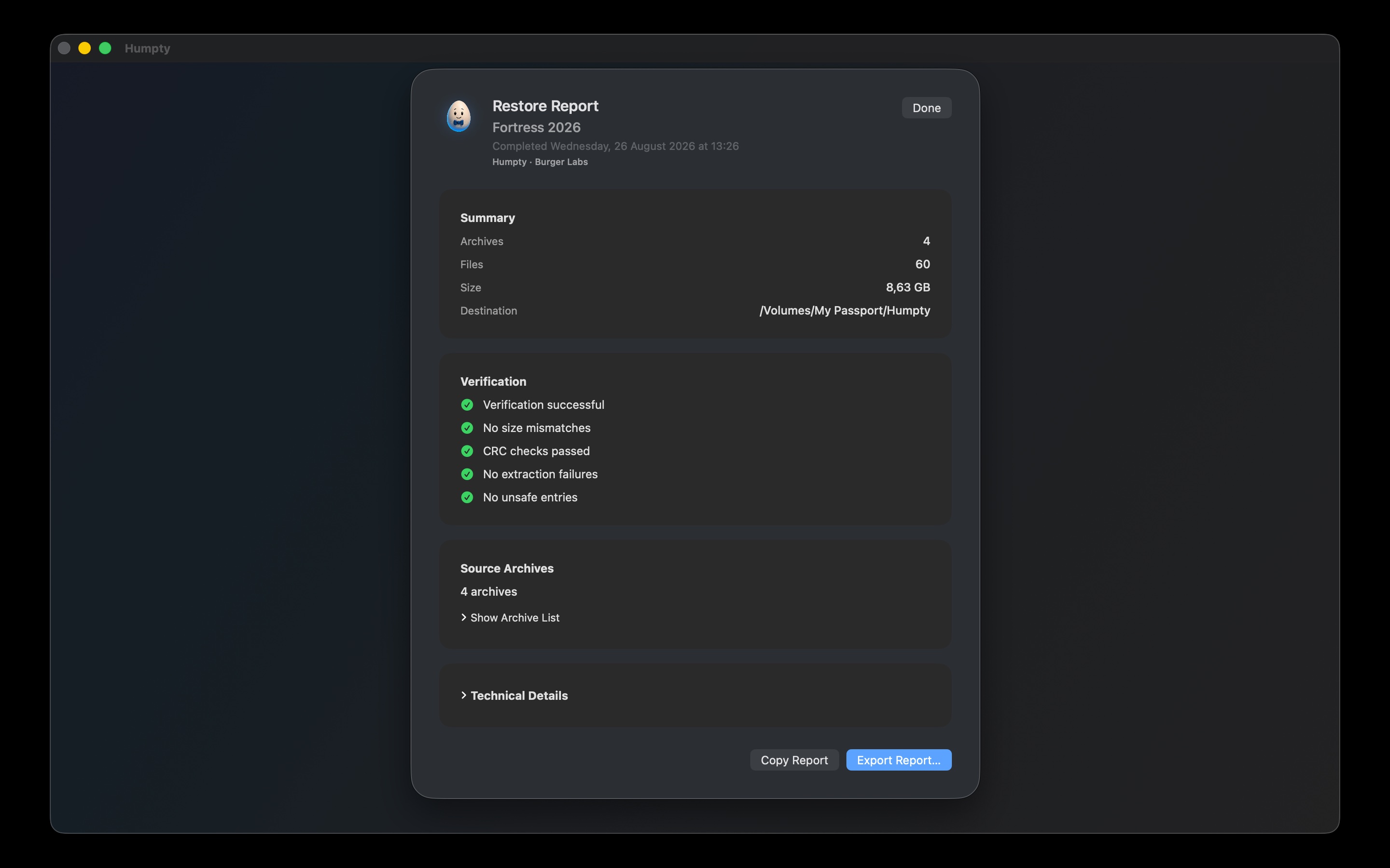 Humpty restore report with archive, file, size and verification details