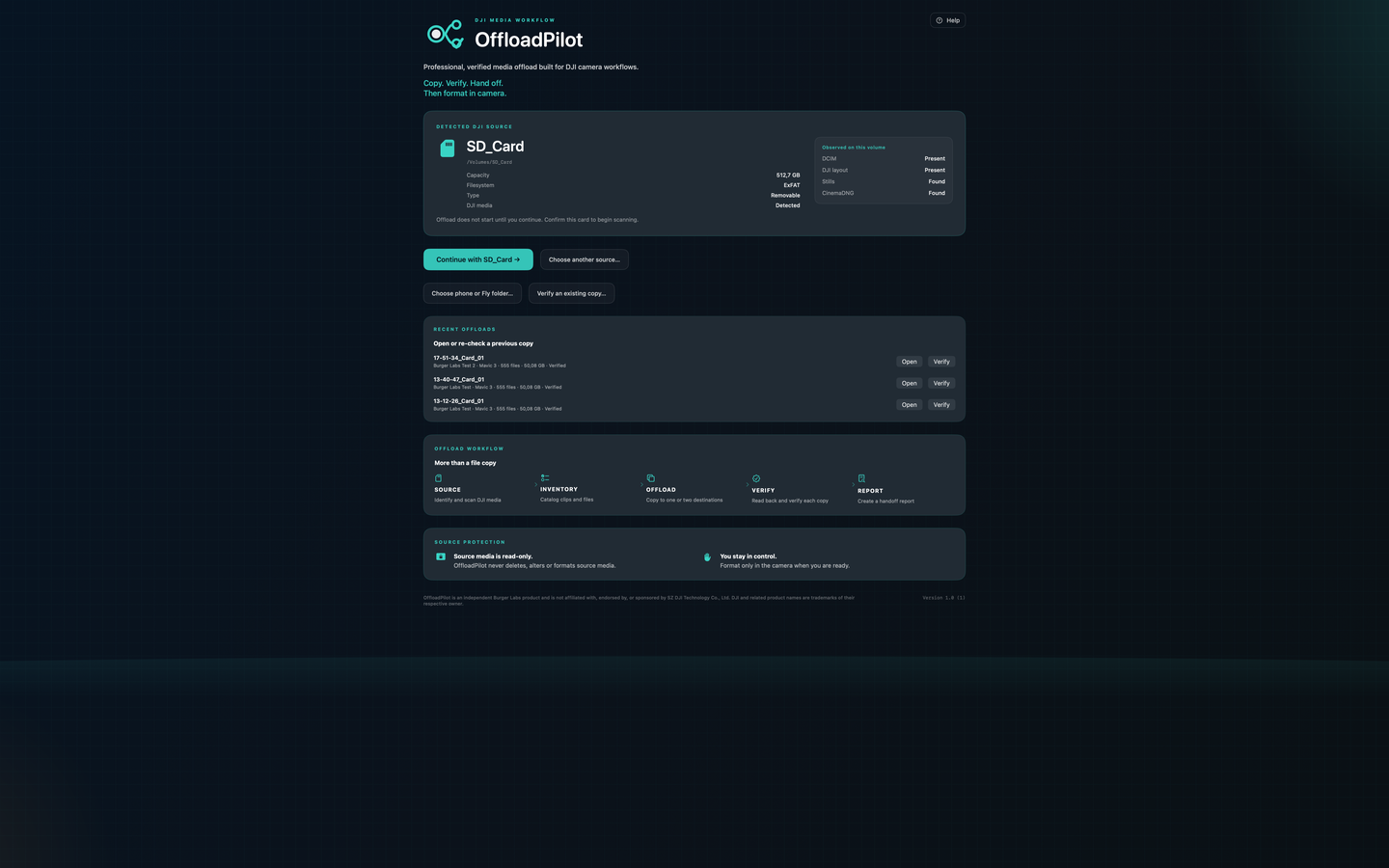 OffloadPilot home screen on Mac.