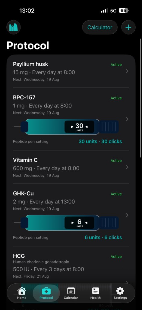 Protocol screen for managing medications, peptides and schedules.