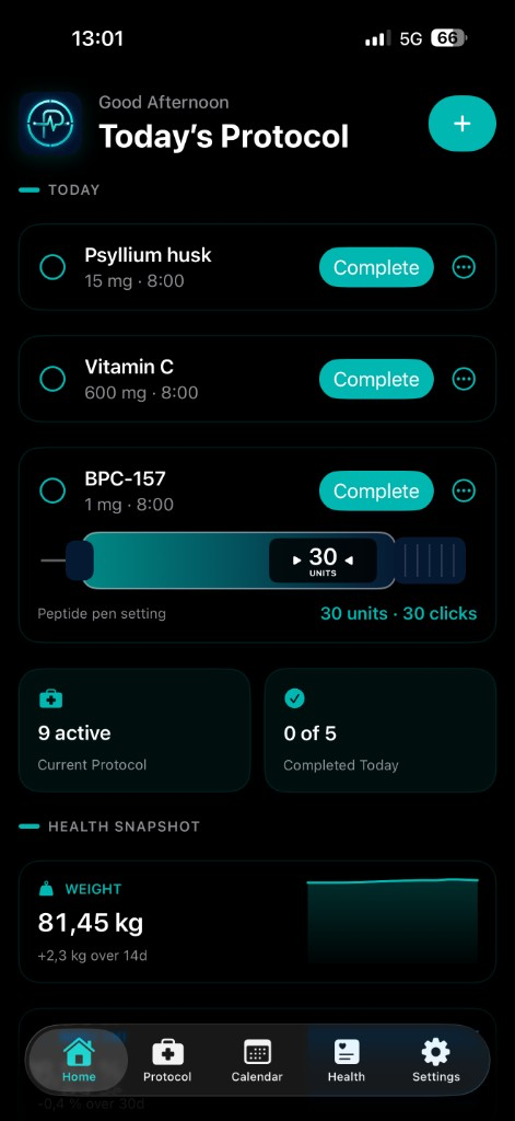 Protocol home screen showing today’s protocol on iPhone.